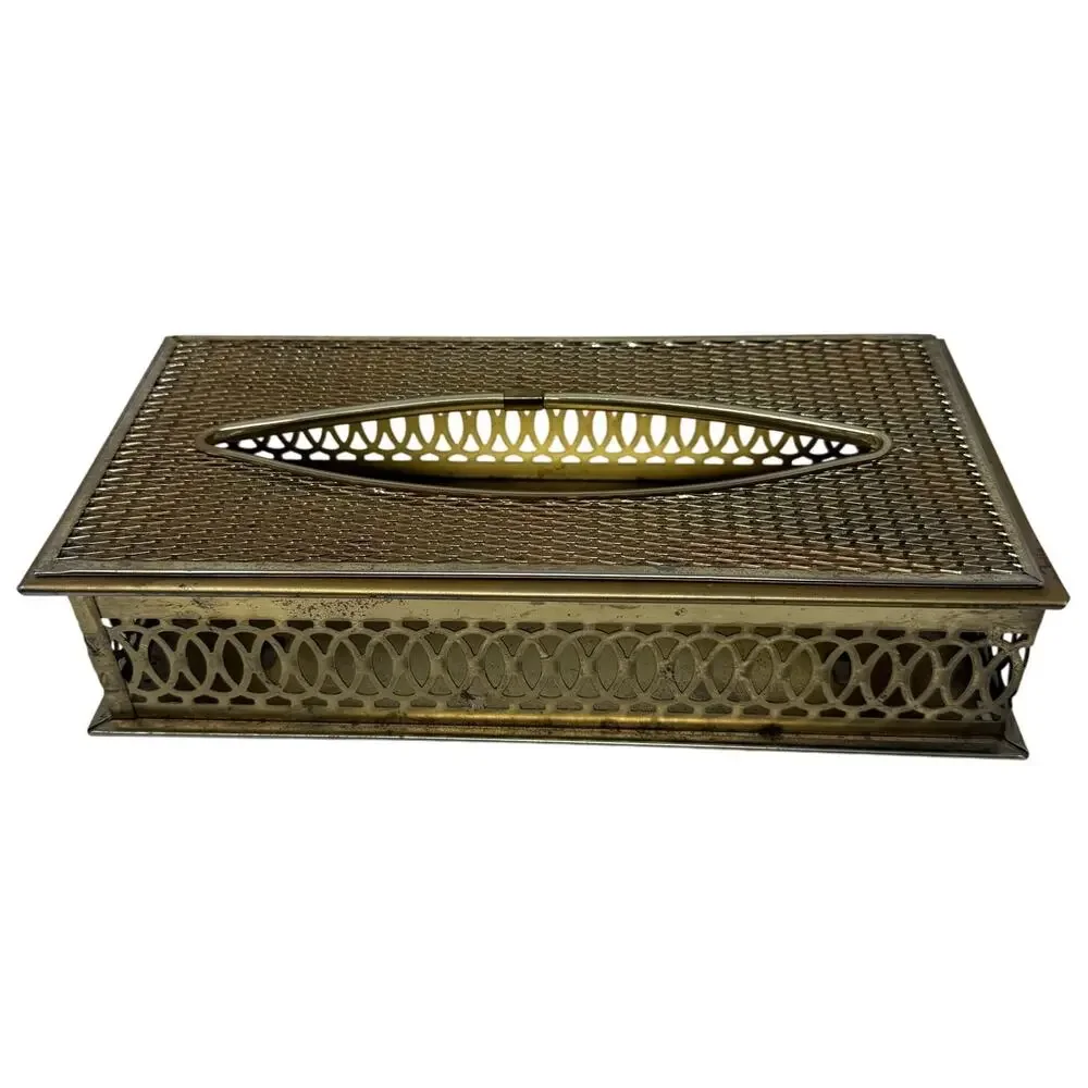 Vintage 70s Tissue Box Cover Holder 10.75” Wall Mount Gold Metal Retro MCM